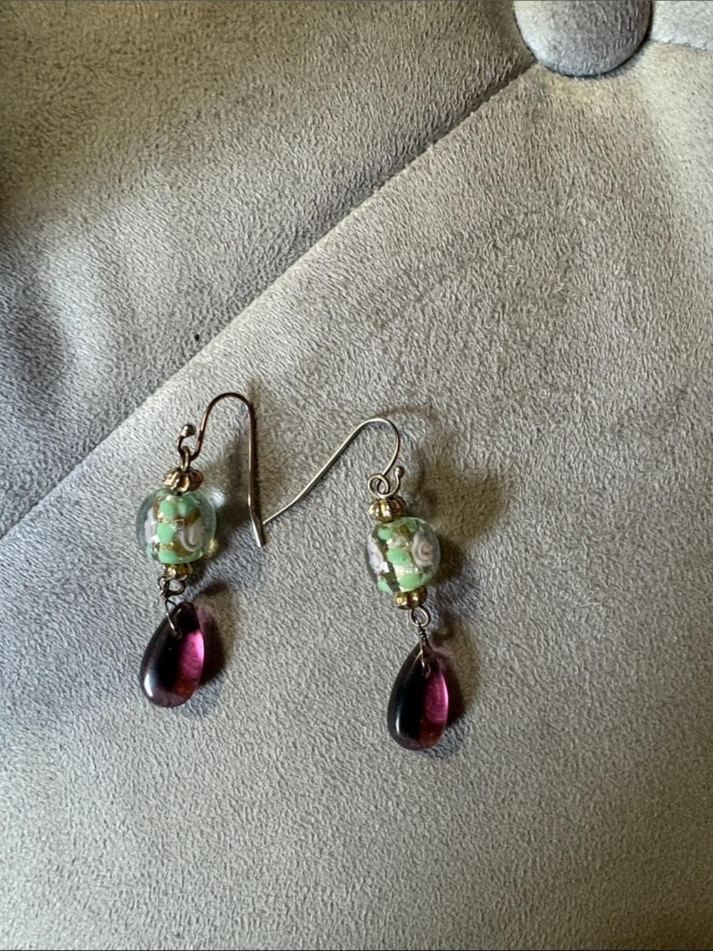 Handcrafted Green Floral Glass Bead Earrings with Purple Teardrops